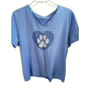 Life is Good Womens XL Blue V Neck Paw Heart Crusher T Shirt Love Casual